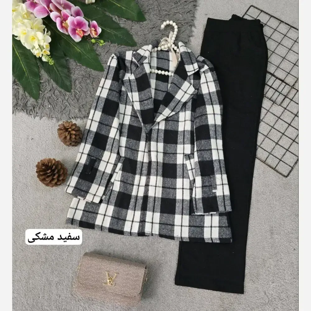 کت چهارخونه پشمی موهر دار یقه انگلیسی فری سایز