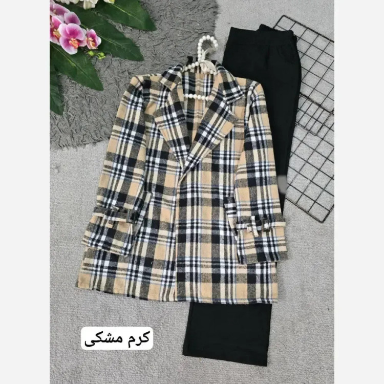 کت چهارخونه پشمی موهر دار یقه انگلیسی فری سایز