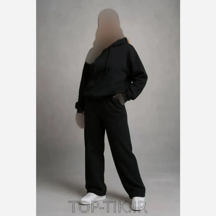 ست هودی شلوار زنانه دورس تو کرکی مشکی فری سایز مدل الهام جلو بسته