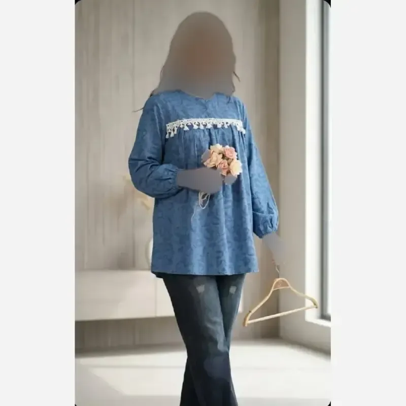 شومیز مانتویی لینن کنفی وارداتی اعلا رنگ آبی فری سایز تا 50 خرجکار مکرومه