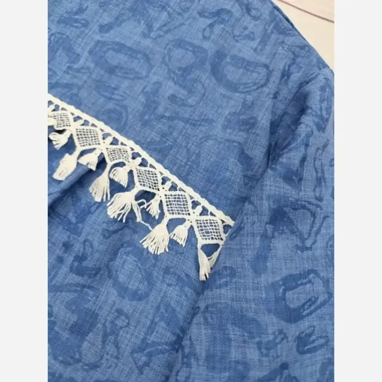 شومیز مانتویی لینن کنفی وارداتی اعلا رنگ آبی فری سایز تا 50 خرجکار مکرومه