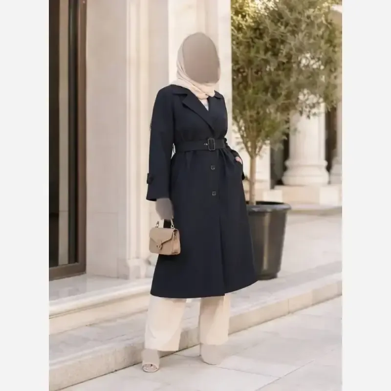 مانتو بلند زنانه جنس سوپر دیپلمات درجه یک کمربنددار رنگ مشکی و سورمه ای