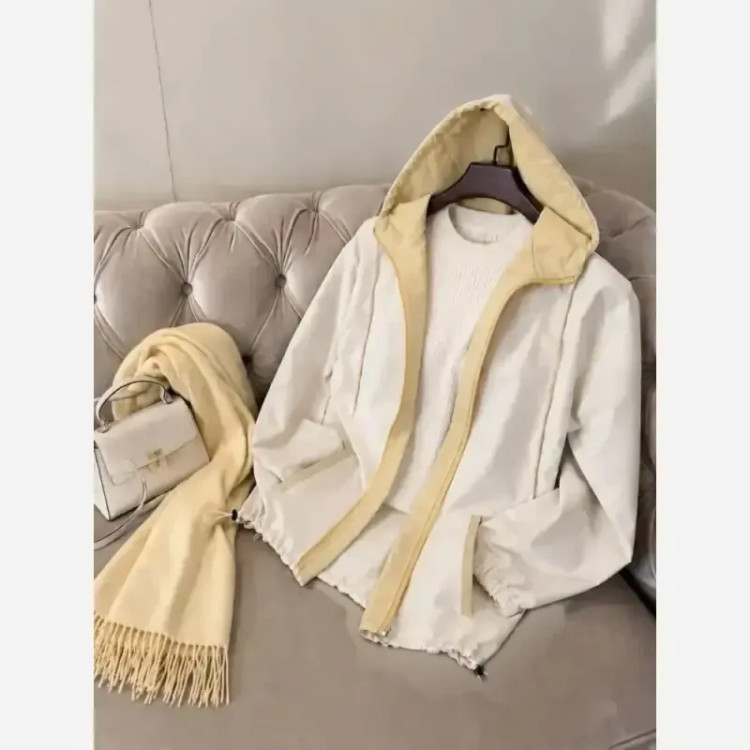 بارونی کوتاه کلاهدار مدل سانای جنس کتان تی سی جیب دار