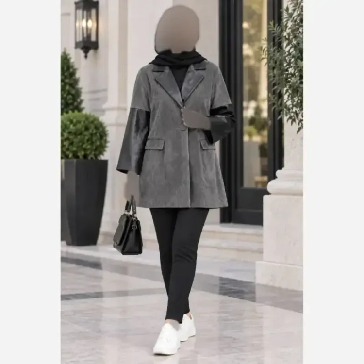 مانتو بلند زنانه مخمل کبریتی و چرم درجه یک فری سایز (38-46) مناسب پاییز و زمستان