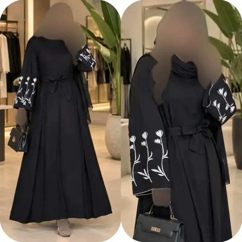 پیراهن عبایی گل لاله مشکی الیزه فری سایز گلدوزی شده کمربند دار قد 135