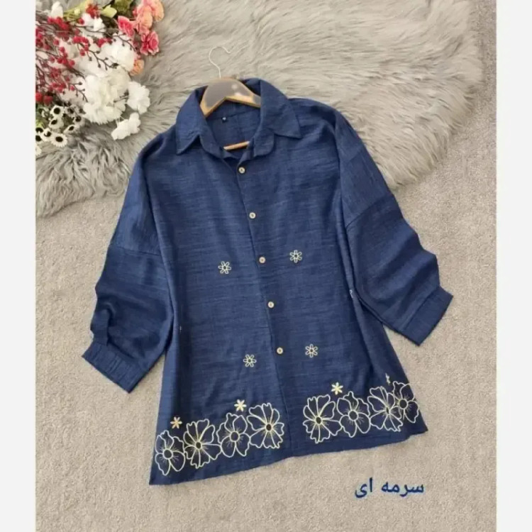 شومیز مانتویی مهگل شانتون و گلدوزی شده در رنگ ها و سایزهای متنوع