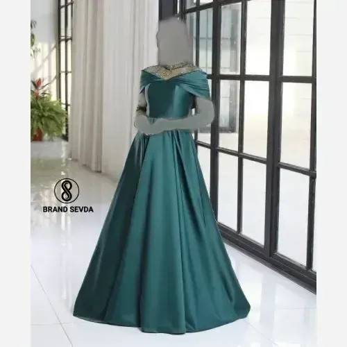 ماکسی مجلسی زنانه ساتن آمریکایی و تور نگین دار سایز 38 تا 50