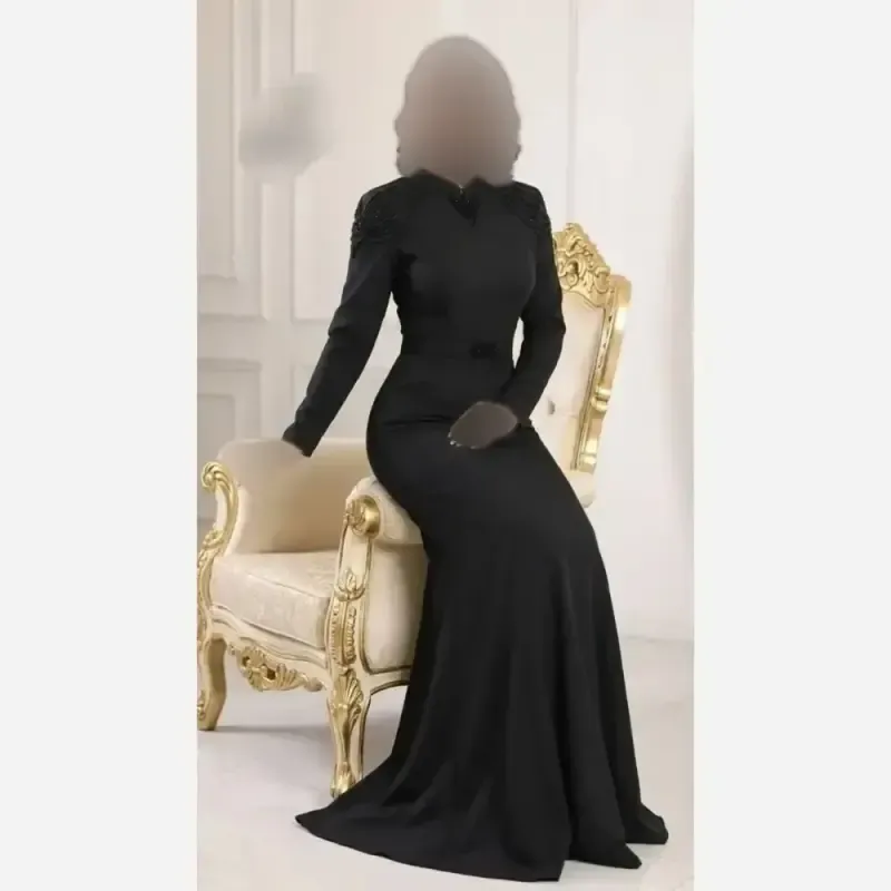 پیراهن مجلسی زنانه جنس مازراتی درجه یک سنگ کریستال و کمربند نگینی رنگ مشکی سایزبندی