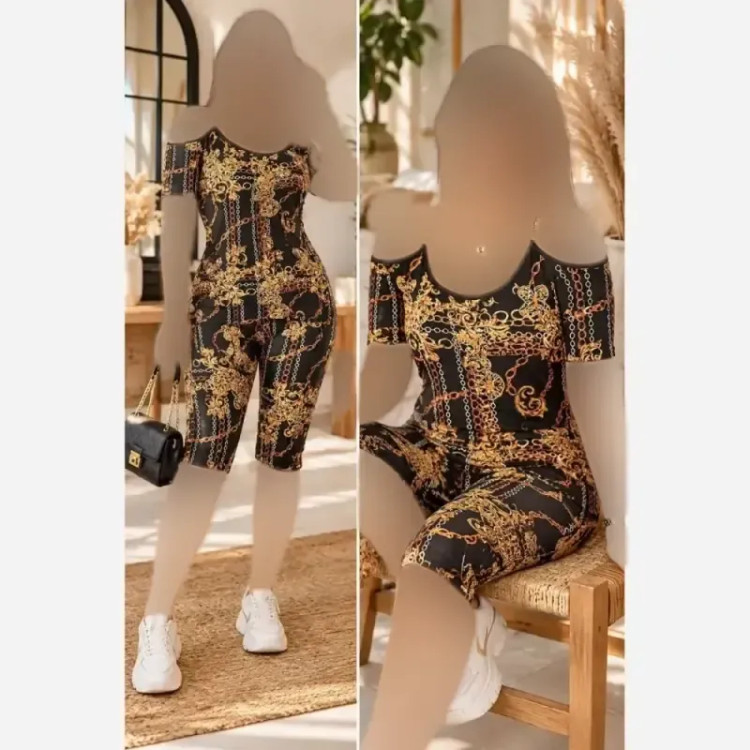 ست تاپ شلوارک زنانه ویسکوز فلامنت فول کش رنگ طلایی سایز فری 36 تا 50