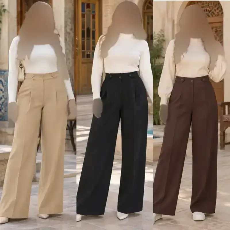شلوار بگ زنانه مازراتی کمر پاگن دار قد 103 رنگ مشکی قهوه ای نسکافه ای سایز L XL XXL