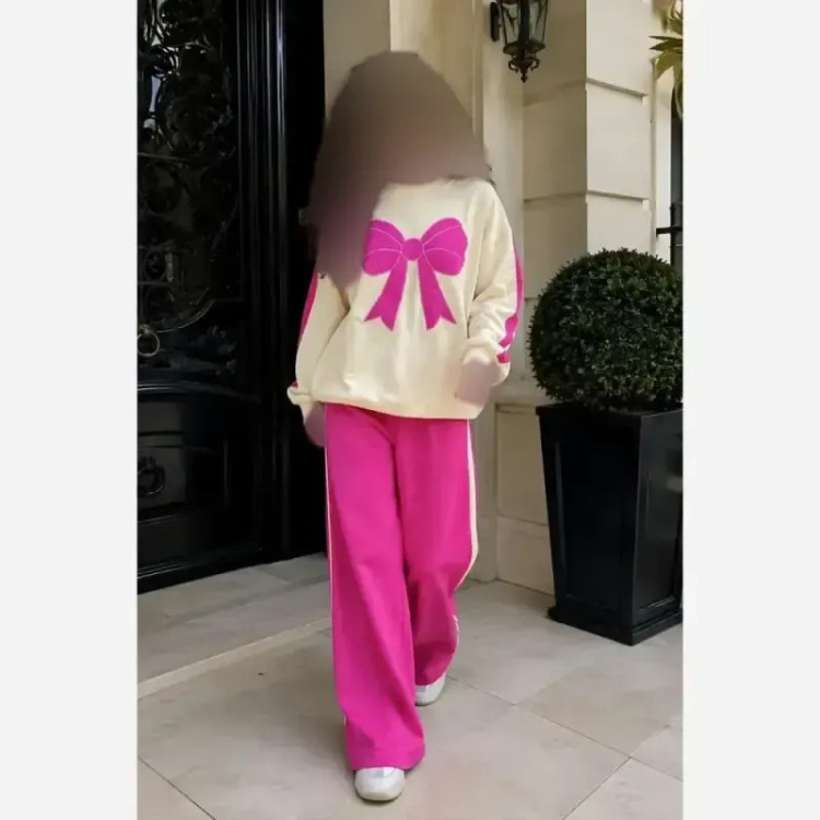 بلوز و شلوار بچگانه دورس پنبه لاکرا طرح پاپیون صورتی سایز 40 تا 50