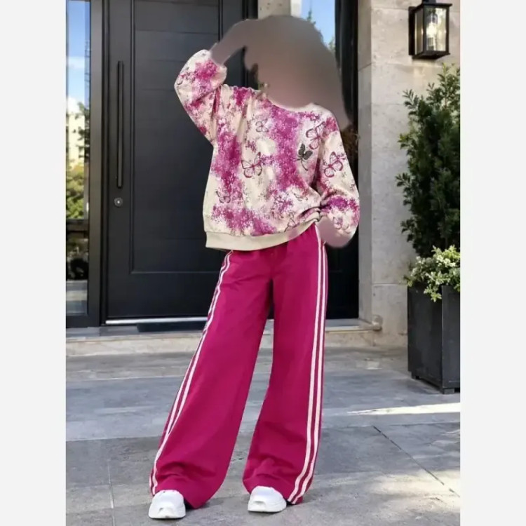 بلوز و شلوار دورس پنبه لاکرا طرح پروانه ترند مناسب 5 تا 12 سال رنگ زرشکی و سرخابی