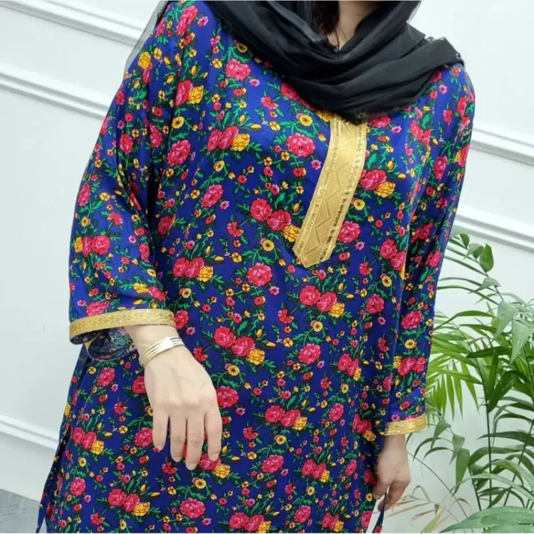 پیراهن ساحلی زنانه گلدار یقه طلا کوب جنس سوپر نخ اعلا فری سایز
