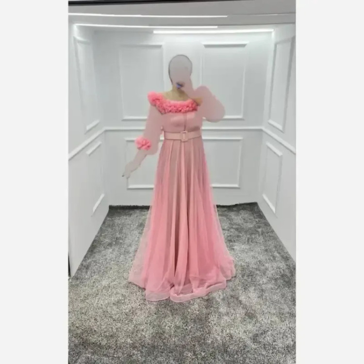 پیراهن مجلسی زنانه مدل تیفانی تور کش قد 150 با کمربند