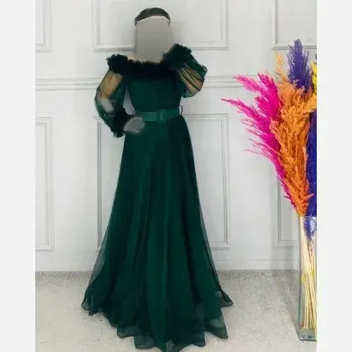 پیراهن مجلسی زنانه مدل تیفانی تور کش قد 150 با کمربند