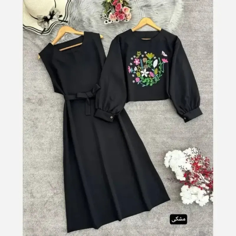 ست رویه و سارافون آرامش جنس مازراتی گلدوزی شده رنگ مشکی و موشی فری سایز