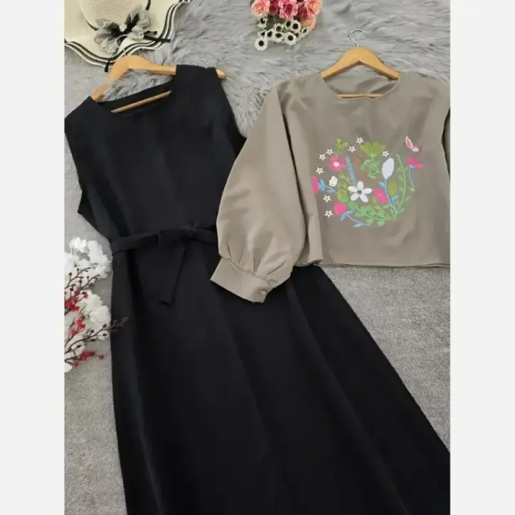 ست رویه و سارافون آرامش جنس مازراتی گلدوزی شده رنگ مشکی و موشی فری سایز