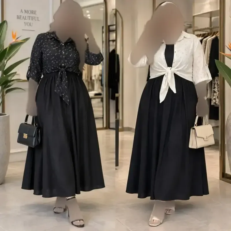ست شومیز گره ای و سارافون نازنین فری سایز رنگ سبزسدری کرم مشکی نسکافه ای