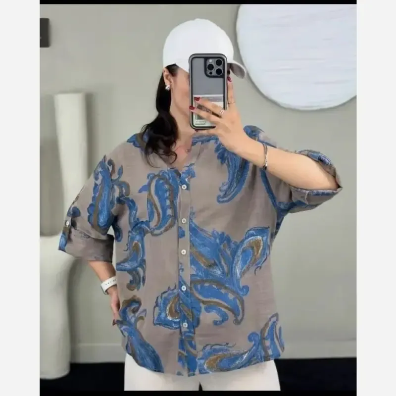 شومیز مانتویی ایتالیایی جنس کراس حصیری اعلا فری سایز آبی قهوه ای