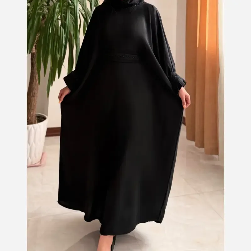 عبای زنانه راحیل الیزه مشکی بلند ملیله دوزی شده آستین پلیسه فری سایز