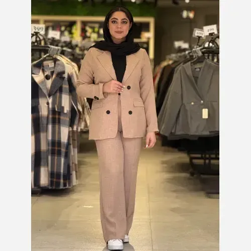 ست کت و شلوار زنانه جنس بابوس رنگ مشکی کرم استخونی سایز 38 تا 46