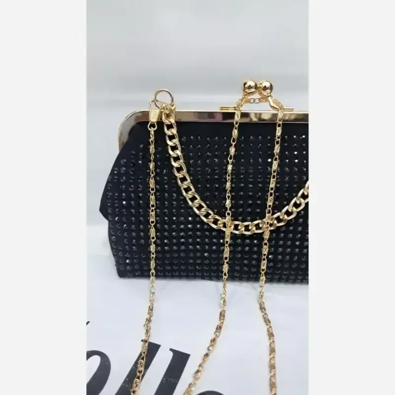 کیف مجلسی زنانه مخمل نگین کاری شده رنگ مشکی سایز 18 در 13 بند زنجیری