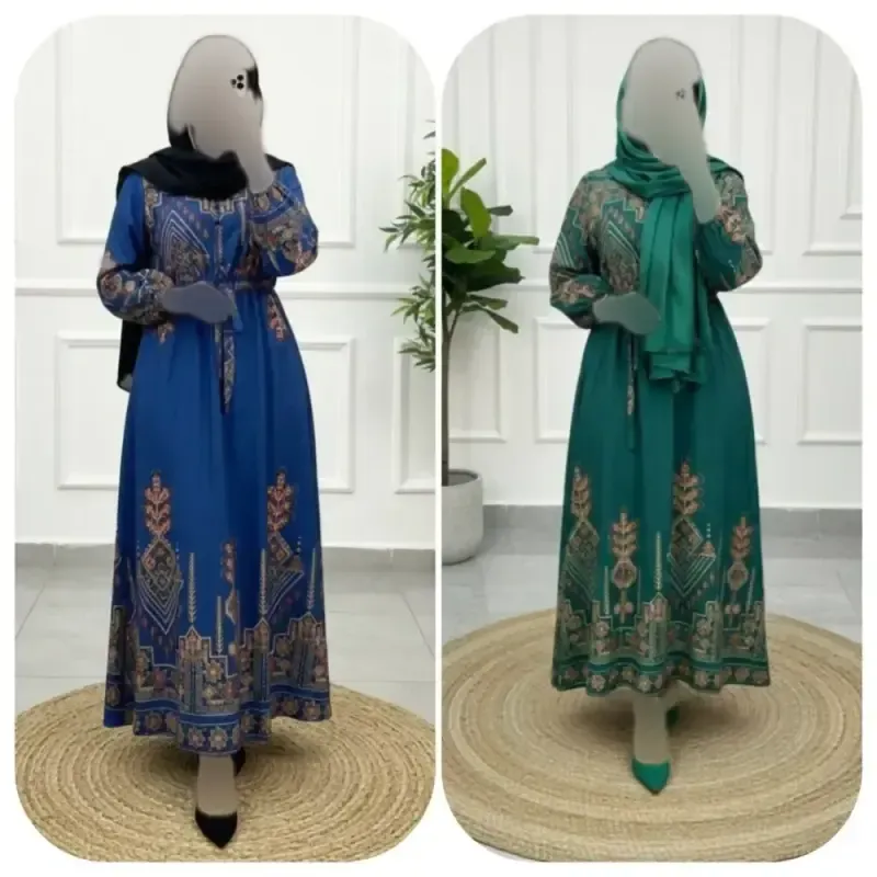پیراهن بلند ساحلی ماکسی بوگاتی آبی و سبز فری سایز یقه کراواتی
