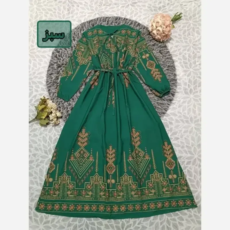پیراهن بلند ساحلی ماکسی بوگاتی آبی و سبز فری سایز یقه کراواتی
