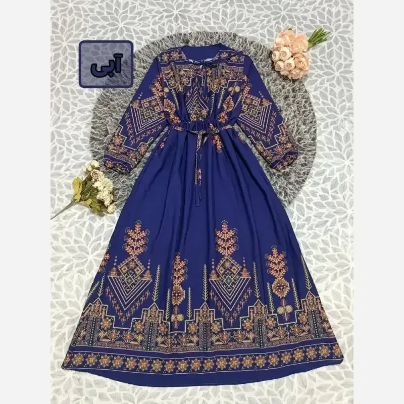پیراهن بلند ساحلی ماکسی بوگاتی آبی و سبز فری سایز یقه کراواتی