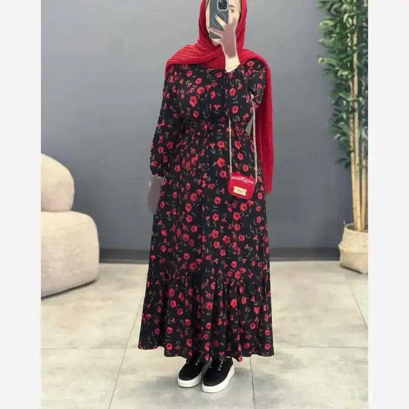پیراهن چین دار گلی پارچه بوگاتی اعلاء فری سایز