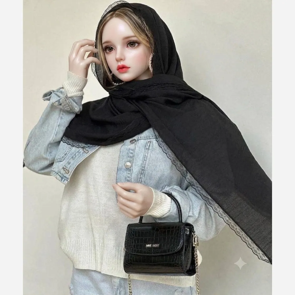 شال وال اسلپ مشکی سرمه ای نسکافه ای دور گیپور سایز 170 در 70 و 52 زنانه