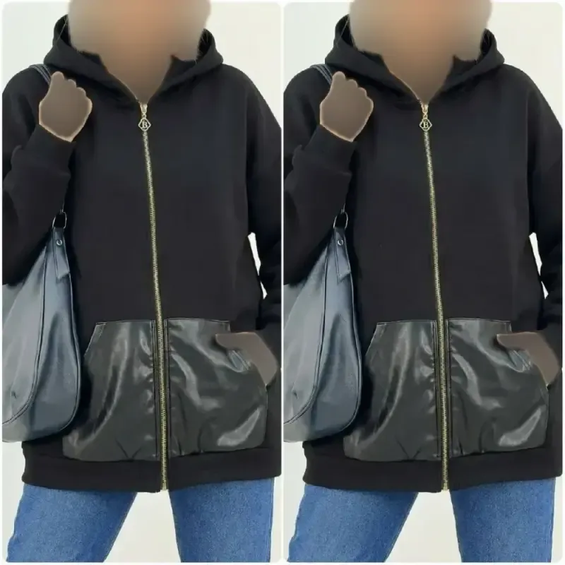 سوییشرت دورس توکرکی جیب چرم مشکی فری سایز مناسب بانوان و آقایان