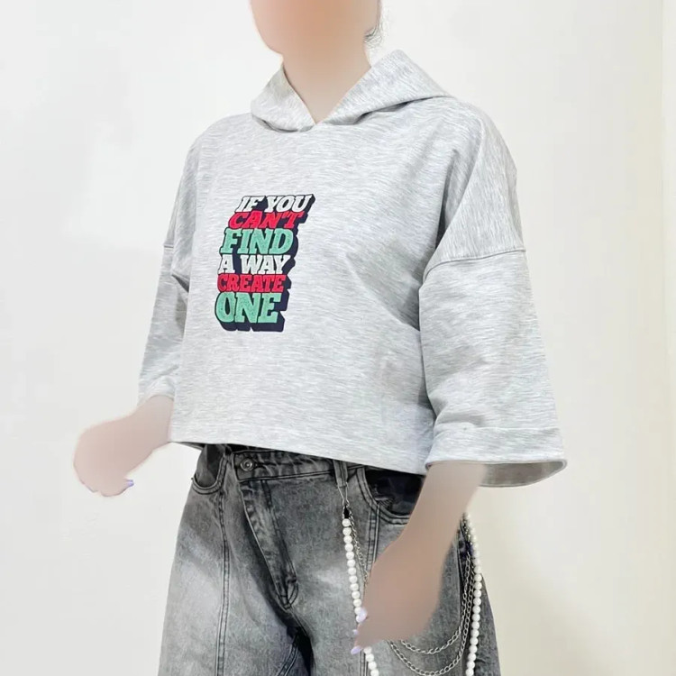 تیشرت کراپ باکسی چاپدار کلاه دار جنس گلکسی