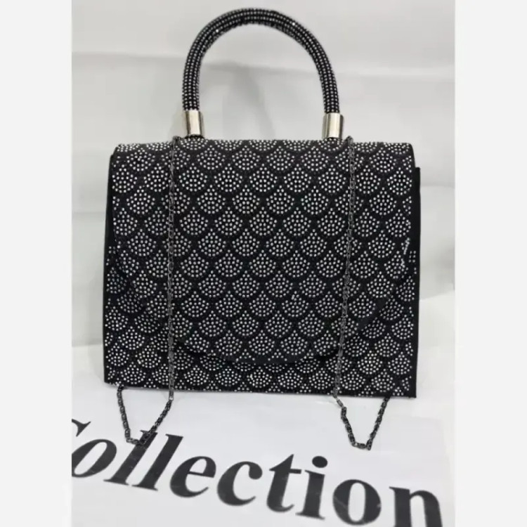 کیف مجلسی زنانه مخمل نگین کاری شده و چرم با بند زنجیری سایز 23 در 18