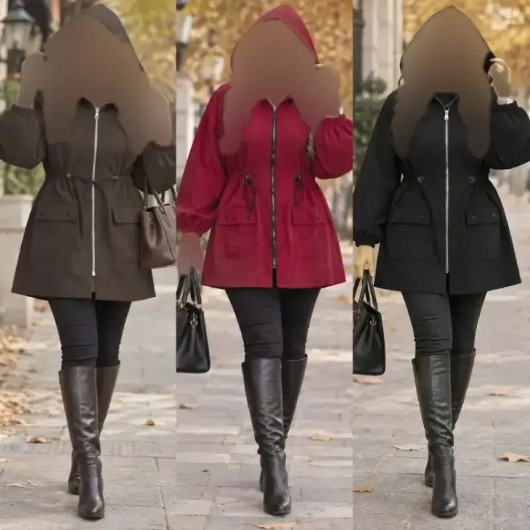 مانتو مخمل کبریتی کلاهدار جیب دار کمرگت بلند پاییزه و زمستانه