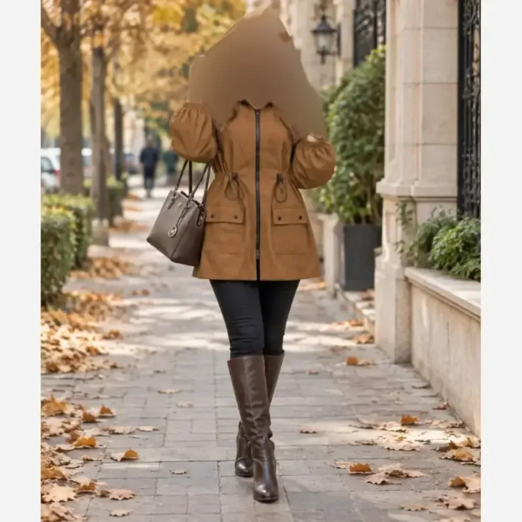 مانتو مخمل کبریتی کلاهدار جیب دار کمرگت بلند پاییزه و زمستانه