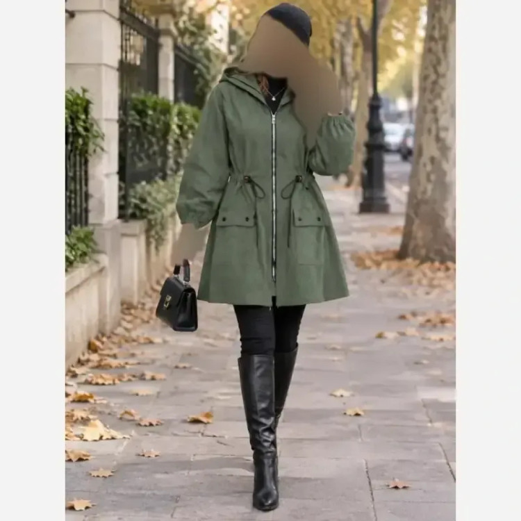 مانتو مخمل کبریتی کلاهدار جیب دار کمرگت بلند پاییزه و زمستانه