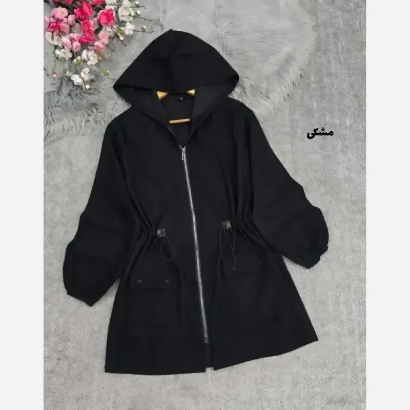 مانتو مخمل کبریتی کلاهدار جیب دار کمرگت بلند پاییزه و زمستانه