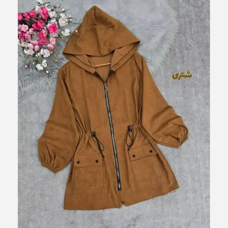 مانتو مخمل کبریتی کلاهدار جیب دار کمرگت بلند پاییزه و زمستانه