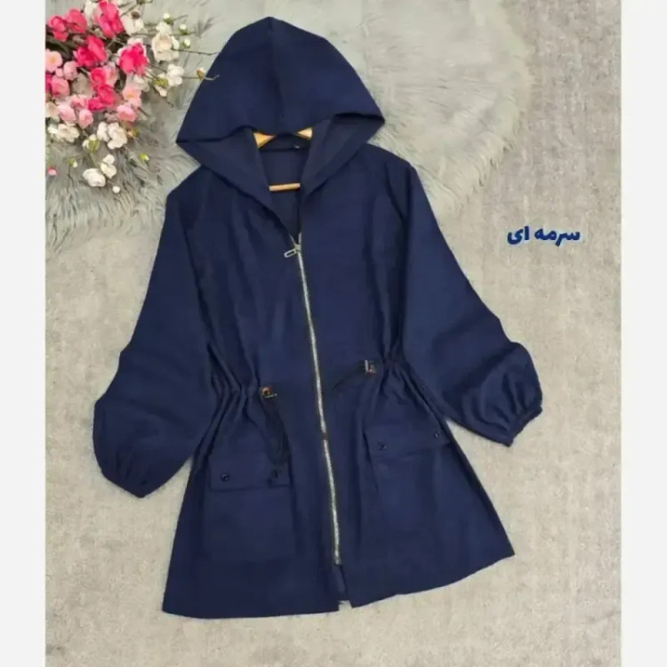 مانتو مخمل کبریتی کلاهدار جیب دار کمرگت بلند پاییزه و زمستانه