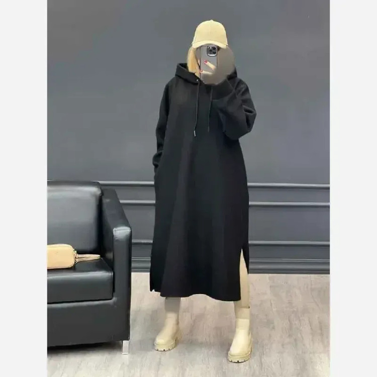 هودی بلند زنانه مدل لندو دورس تو کرکی ضخیم کلاهدار رنگ مشکی سایز فری 38 تا 46