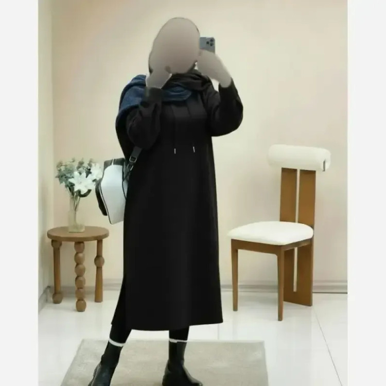 هودی بلند زنانه مدل لندو دورس تو کرکی ضخیم کلاهدار رنگ مشکی سایز فری 38 تا 46