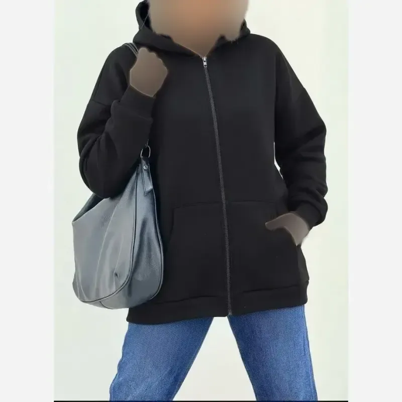 سوئیشرت جلو زیپ ساده دورس توکرکی مشکی فری سایز