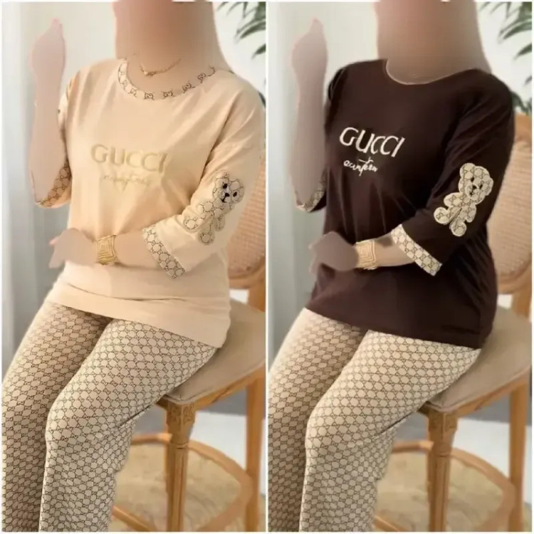 ست تیشرت و شلوار زنانه ست لویی پنبه گلکسی فری سایز رنگ شکلاتی و کرم نسکافه ای