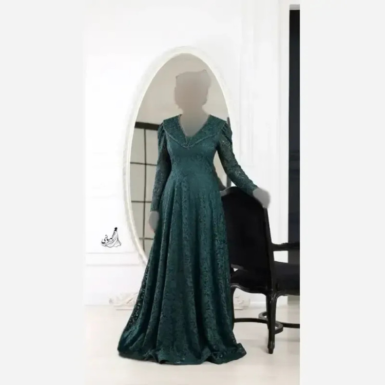 پیراهن مجلسی زنانه دانتل سنگدوزی شده کاپدار سایز بزرگ مشکی سبز