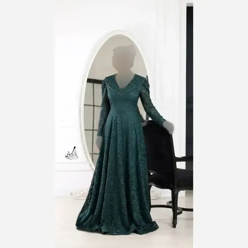 پیراهن مجلسی زنانه دانتل سنگدوزی شده کاپدار سایز بزرگ مشکی سبز