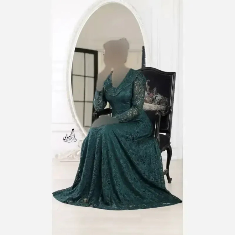 پیراهن مجلسی زنانه دانتل سنگدوزی شده کاپدار سایز بزرگ مشکی سبز