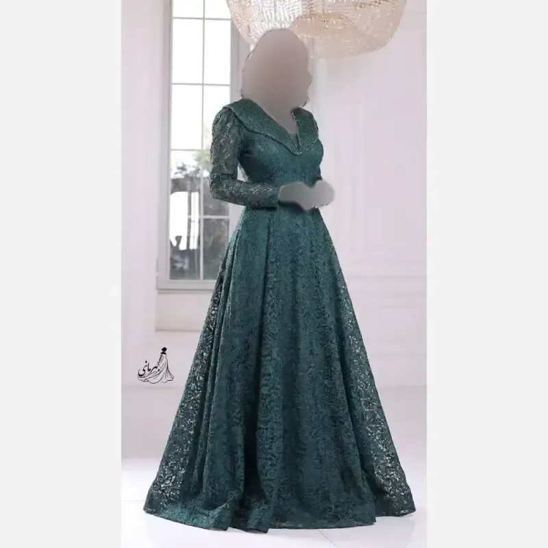 پیراهن مجلسی زنانه دانتل سنگدوزی شده کاپدار سایز بزرگ مشکی سبز