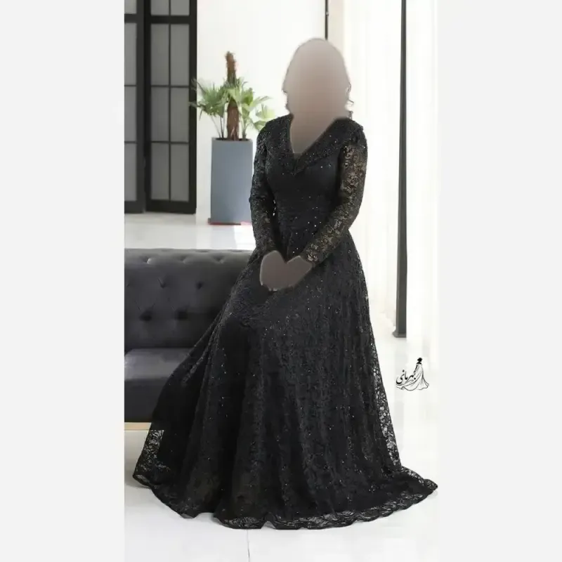 پیراهن مجلسی زنانه دانتل سنگدوزی شده کاپدار سایز بزرگ مشکی سبز