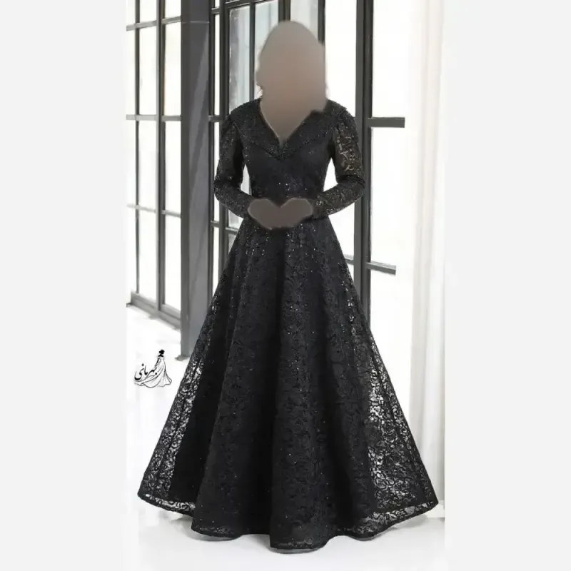 پیراهن مجلسی زنانه دانتل سنگدوزی شده کاپدار سایز بزرگ مشکی سبز
